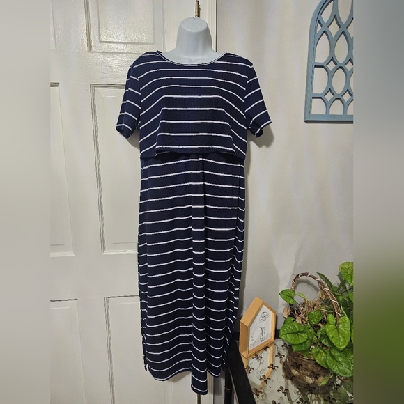 SHEIN Blue and White Maternity Sheath Midi Dress with Crew Neck - Picture 2 of 4
